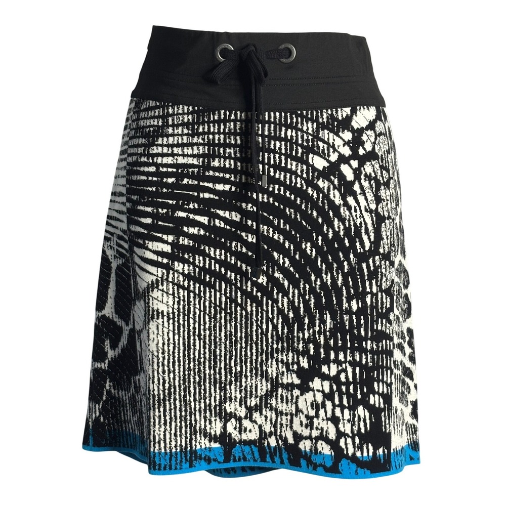 Marc Cain | Black White Abstract Knit Mini Skirt Blue Trim | Size N4 / US 8